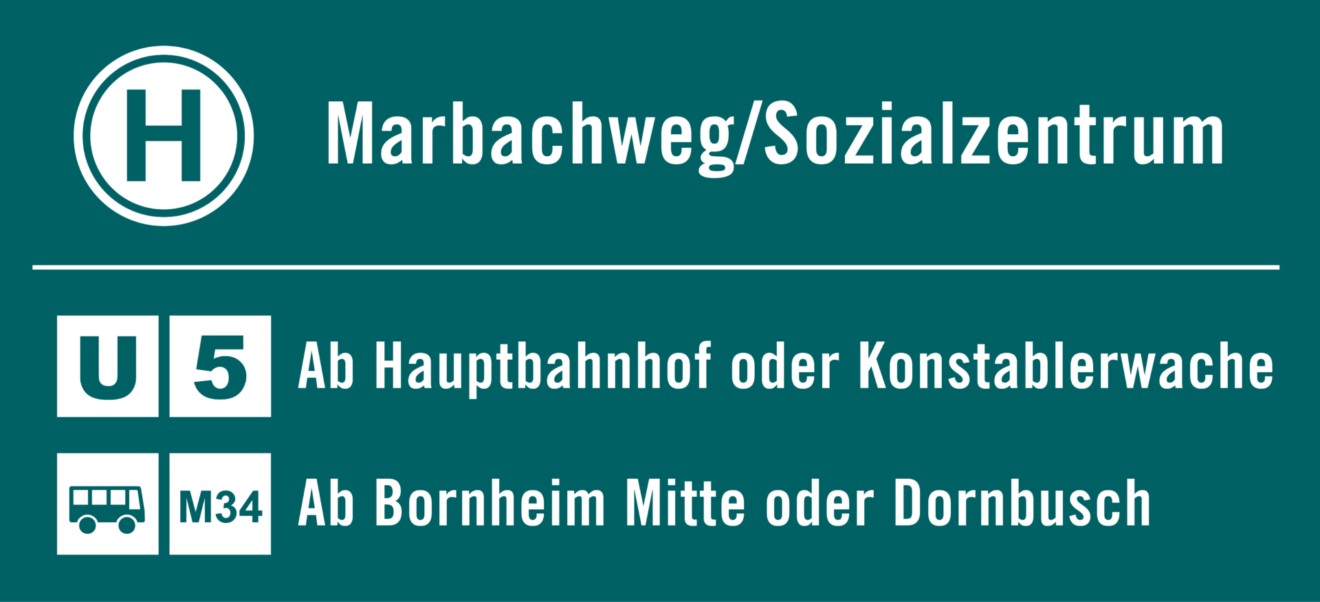 Haltestelle Marbachweg/Sozialzentrum ist ab dem Hauptbahnhof oder der Konstablerwache mit der U-Bahn-Linie U5 und ab Bornheim Mitte oder Dornbusch mit der Buslinie M34 erreichbar.