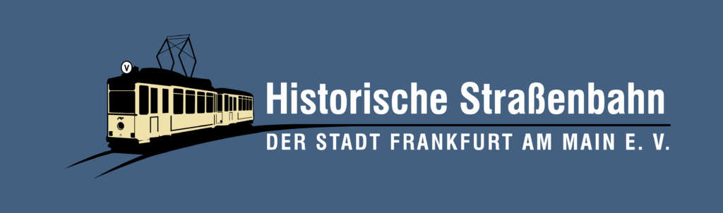 HSF „Historische Straßenbahn der Stadt Frankfurt am Main e. V.“ Logo mit blauem Hintergrund.